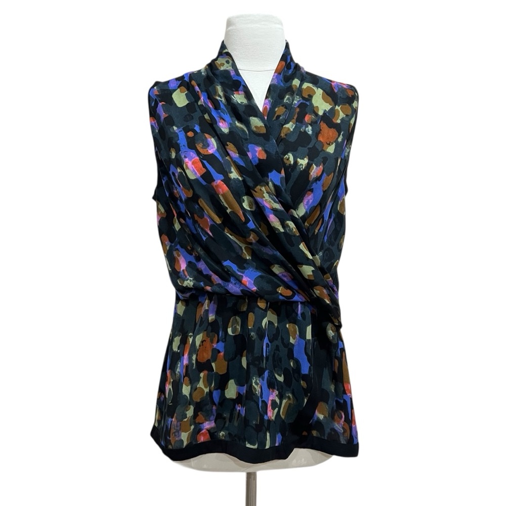 CAbi Flaunt Wrap Black Multicolor Watercolor Sleeveless Blouse NWOT Size Small